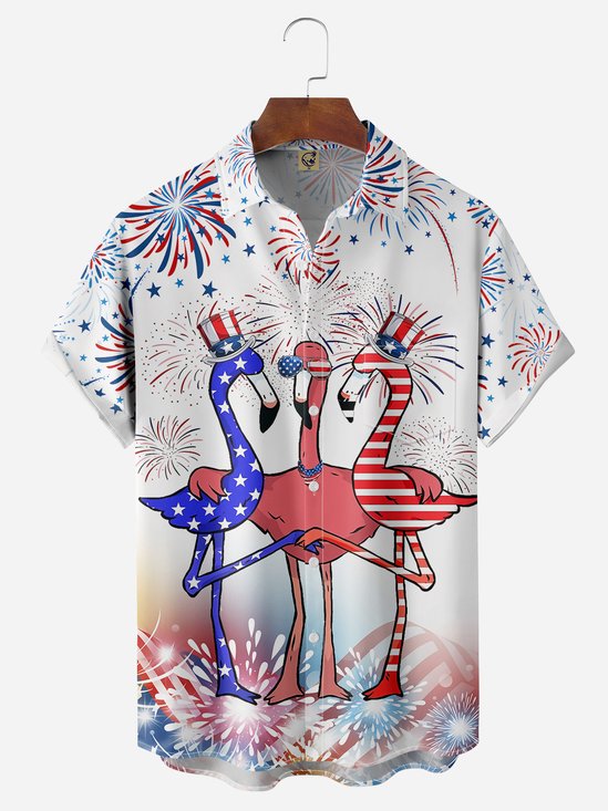 Hardaddy Indepndence Day Flag Flamingo Chest Pocket Short Sleeve Shirt
