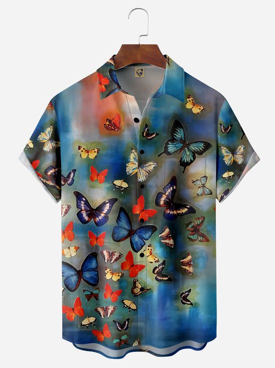 Butterfly Chest Pocket Short Sleeve Hawaiian Shirt