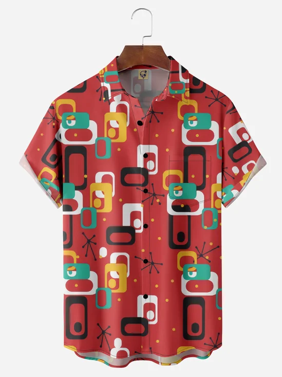 Mid Century Geometric Chest Pocket Short Sleeve Casual Shirt
