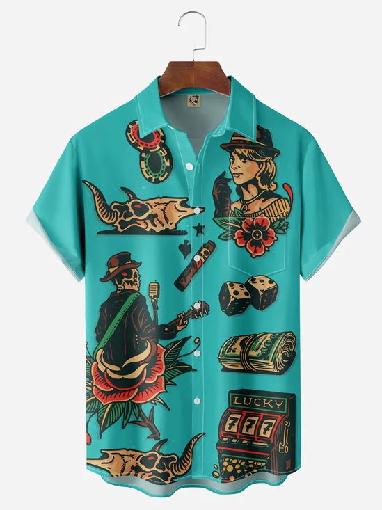 Retro Tattoo Graphic Chest Pocket Short Sleeve Hawaiian Shirt