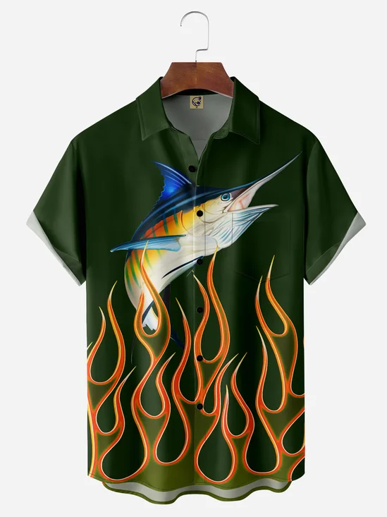 Flame Sailfish Chest Pocket Short Sleeve Casual Shirt