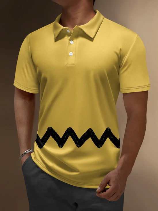 Hardaddy Drawing Geometry Buttons Short Sleeve Polo Shirt