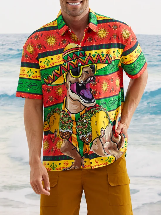 Hardaddy Dinosaur Cinco De Mayo Chest Pocket Short Sleeve Shirt