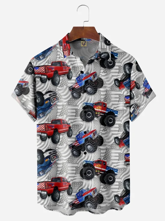 Flag Cars Chest Pockets Short Sleeves Casual Shirts