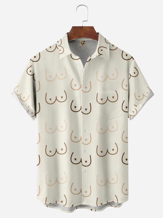 Hardaddy Hawaiian Button Down Geometric Line Drawing Chest Pocket Short Sleeve Casual Shirt