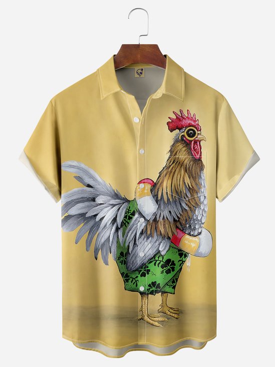 Hardaddy Swimming Rooster Chest Pocket Short Sleeve Hawaiian Shirt