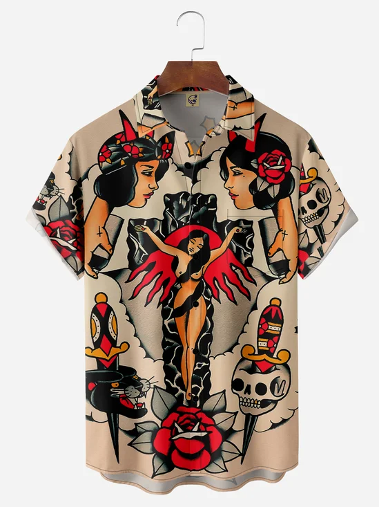 Vintage Beauty Tattoo Chest Pocket Short Sleeves Hawaiian Shirt