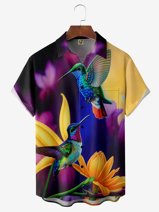 Floral Hummingbird Chest Pocket Short Sleeve Hawaiian Shirt