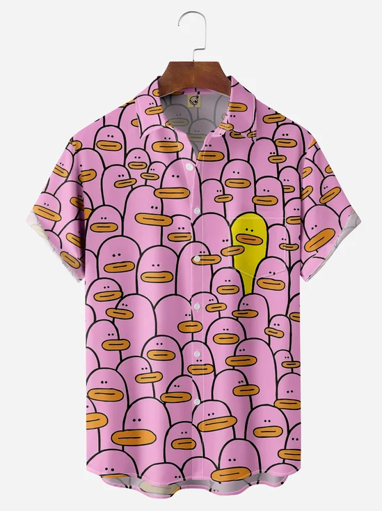 Cartoon Duck Chest Pocket Short Sleeve Casual Shirt
