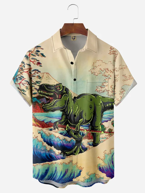 Ukiyo-e Dinosaur Chest Pocket Short Sleeve Casual Shirt