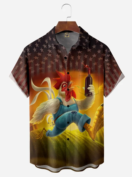 Rooster Chest Pocket Short Sleeve Casual Shirt