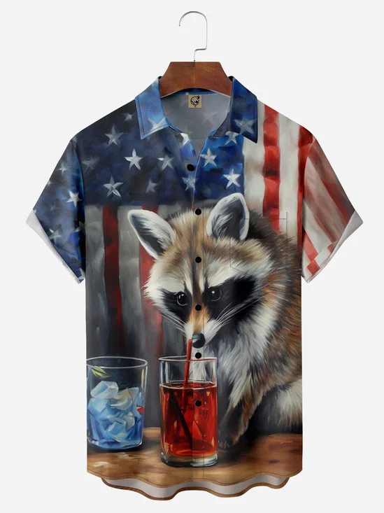 USA Flag Raccoon Chest Pocket Short Sleeve Casual Shirt