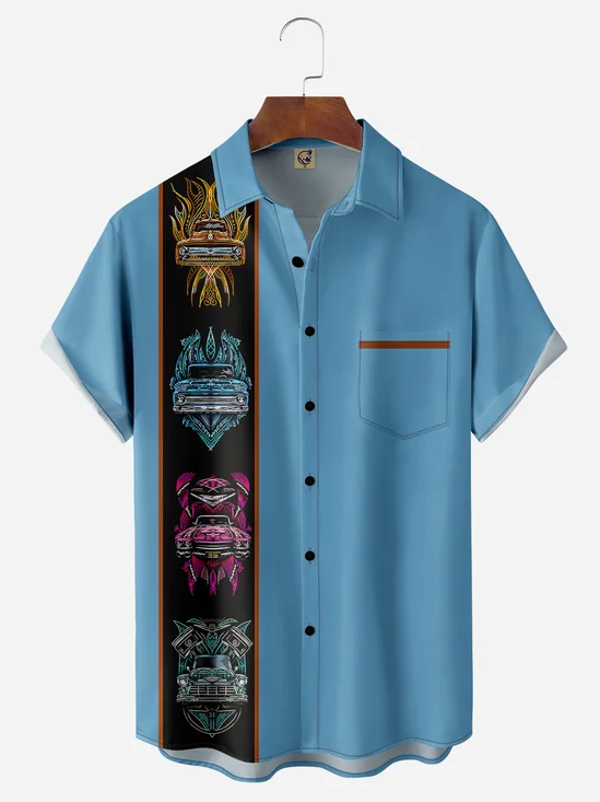 Vintage Car Pinstripe Chest Pocket Short Sleeve Bowling Shirt