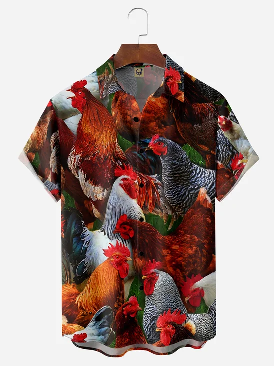 Farm Chicken Chest Pocket Short Sleeve Casual Shirt