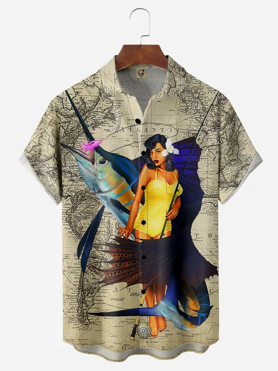 Retro Beauty Fishing Chest Pocket Short Sleeve Hawaiian Shirt
