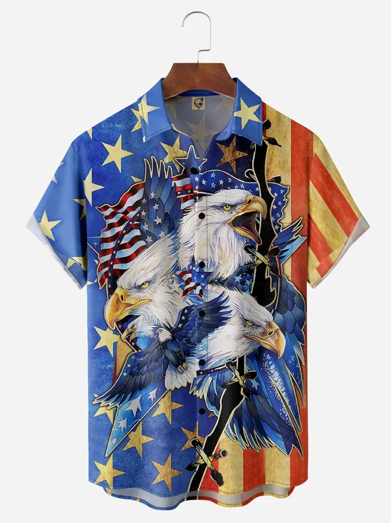 USA Flag Eagle Chest Pocket Short Sleeve Casual Shirt