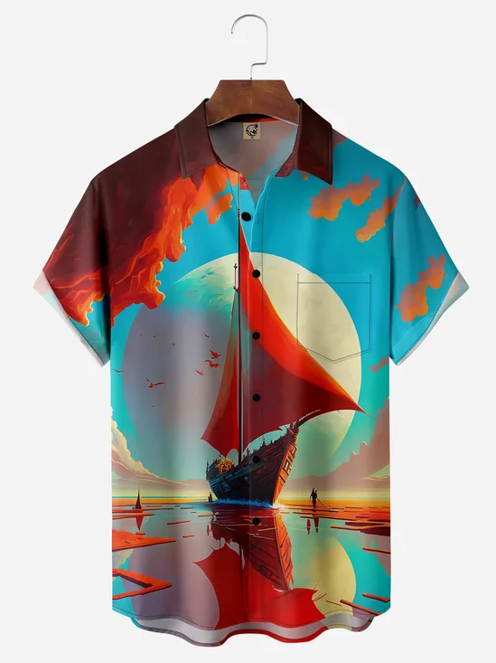 Sailing Boat Chest Pocket Short Sleeve Hawaiian Shirt