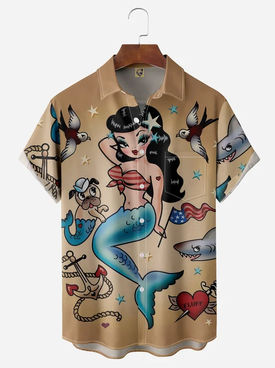 Mermaid Chest Pocket Short Sleeve Hawaiian Shirt