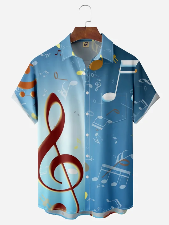 Music Notes Chest Pocket Short Sleeve Casual Shirt