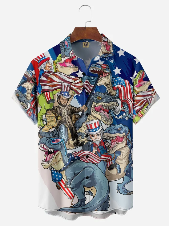 Memorial Day Flag Dinosaur Chest Pocket Short Sleeve Shirt