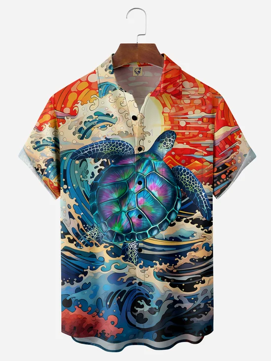 Sea Turtle Chest Pocket Short Sleeve Hawaiian Shirt