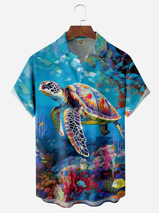 Sea Turtle Chest Pocket Short Sleeve Hawaiian Shirt