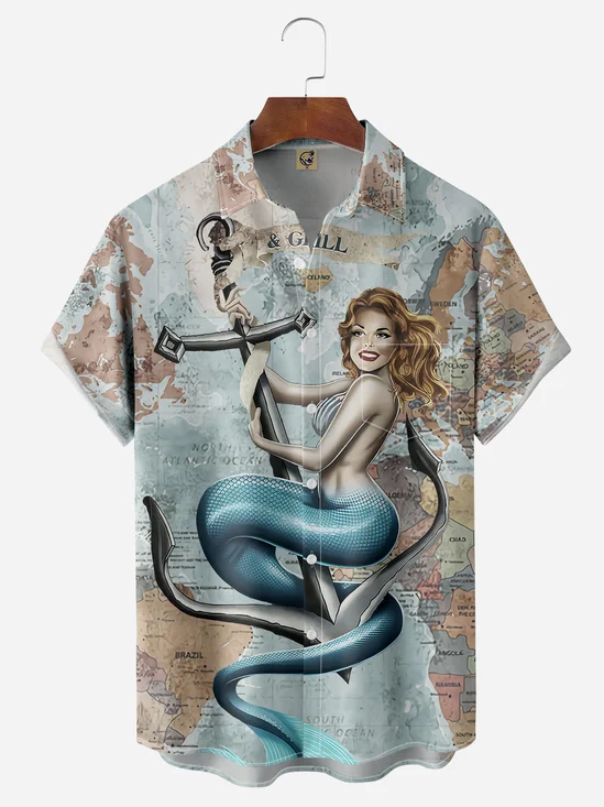 Map Mermaid Chest Pocket Short Sleeve Hawaiian Shirt