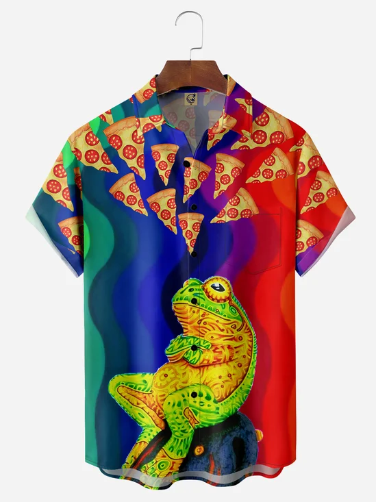 Pizza Frog Chest Pocket Short Sleeve Casual Shirt