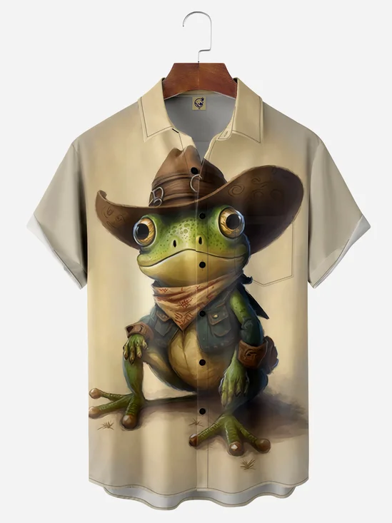 Western Frog Chest Pocket Short Sleeve Casual Shirt