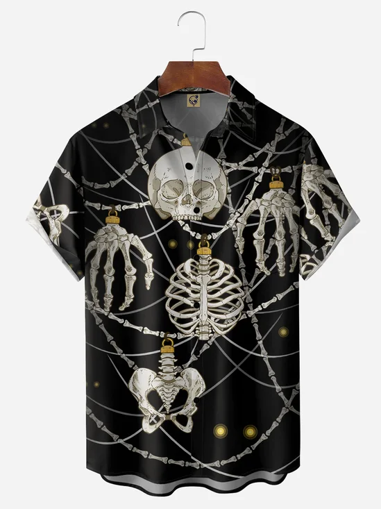 Halloween Skull Chest Pocket Short Sleeve Casual Shirt