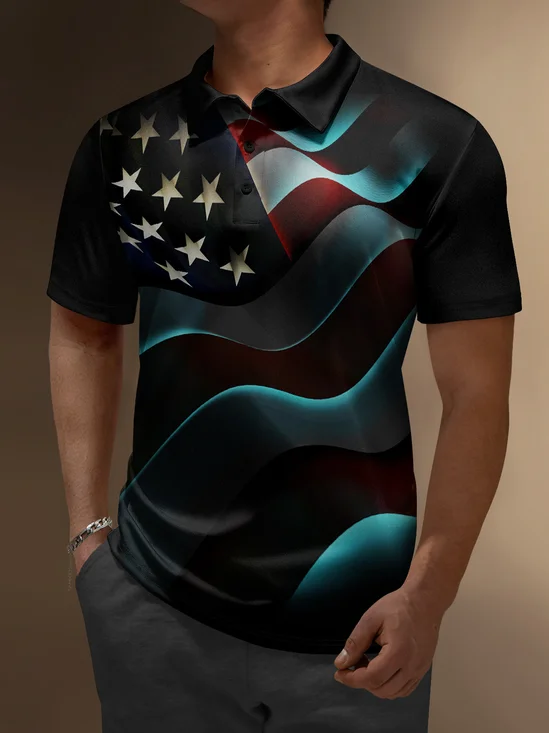 American Flag Button Down Short Sleeve Polo Shirt