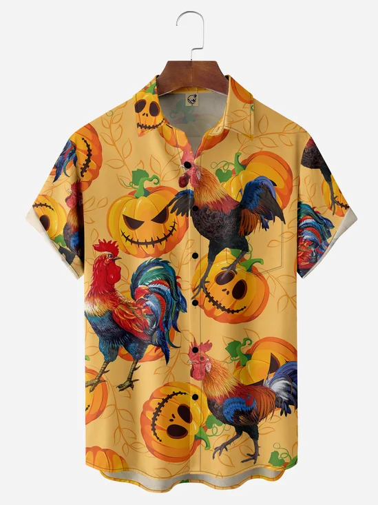 Pumpkin Cock Chest Pocket Short Sleeve Casual Shirt
