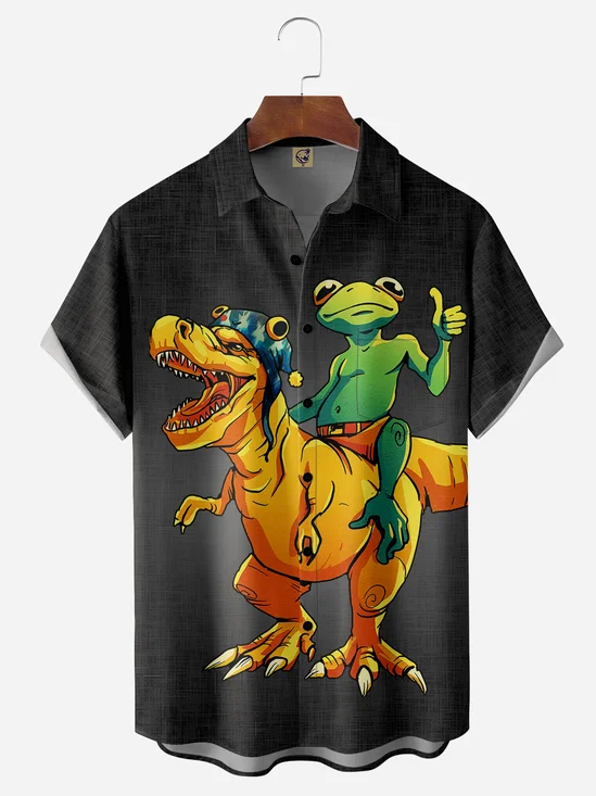 Dinosaur Frog Chest Pocket Short Sleeve Casual Shirt