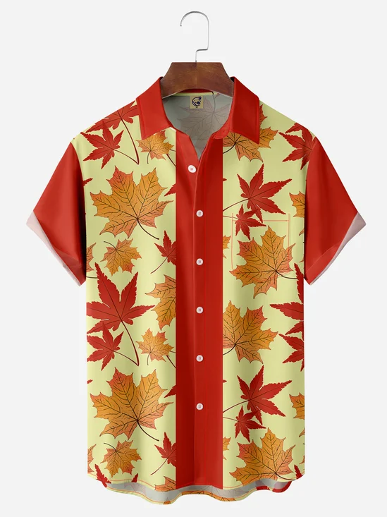 Canada Maple Leaves Chest Pocket Short Sleeve Bowling Shirt
