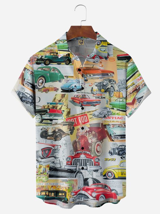 Vintage Car Chest Pocket Short Sleeve Casual Shirt