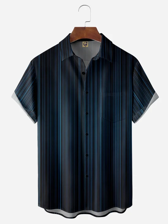 Gradient Color Striped Chest Pocket Short Sleeve Casual Shirt