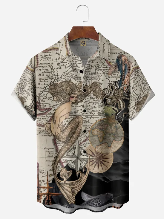 Mermaid Chest Pocket Short Sleeve Hawaiian Shirt