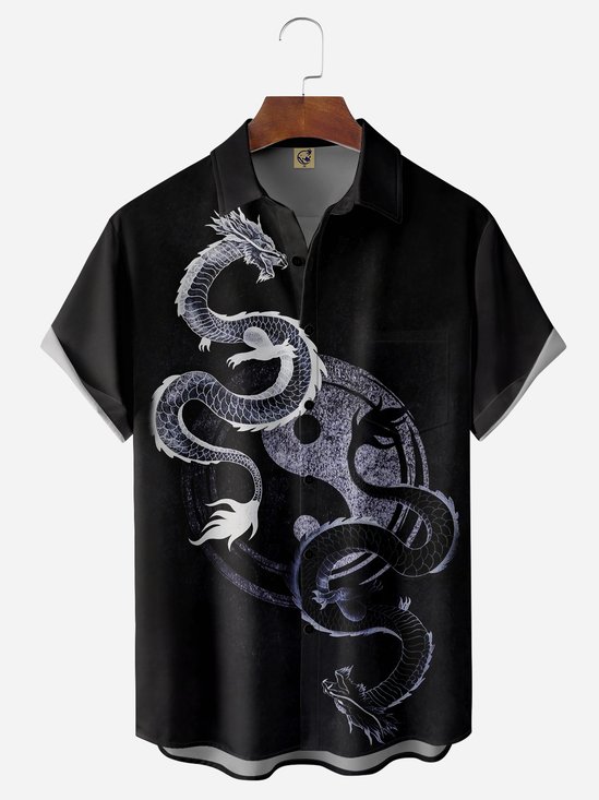 Animal Dragon Chest Pocket Short Sleeves Casual Shirt