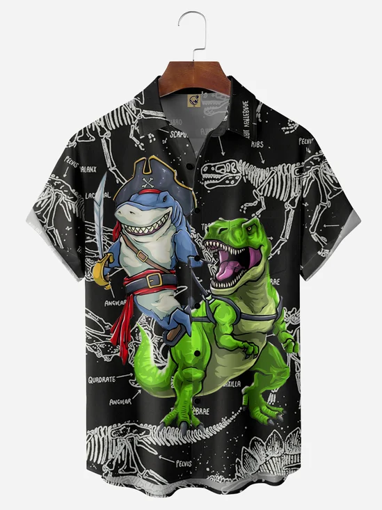 Pirate T-Rex Halloween Chest Pocket Short Sleeve Casual Shirt