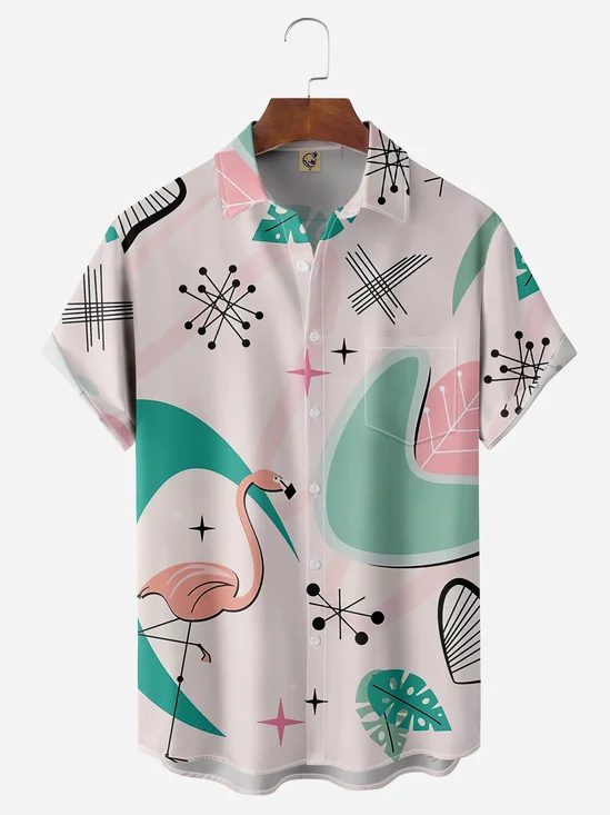 Mid Century Flamingo Chest Pocket Short Sleeve Hawaiian Shirt