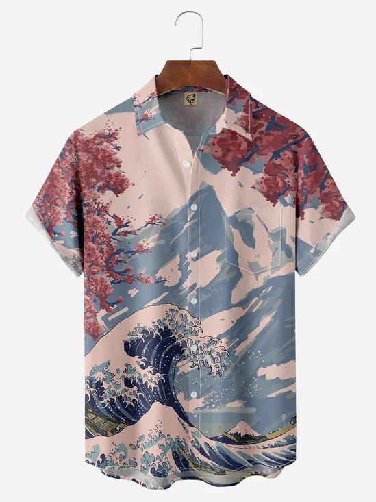 Ukiyo-e Wave Sakura Chest Pocket Short Sleeve Shirt