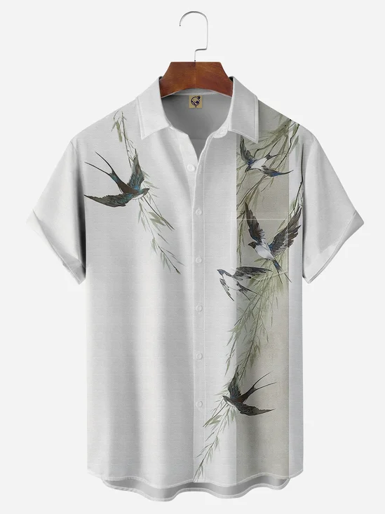 Japanese Culture Bamboo Bird Chest Pocket Short Sleeve Bowling Shirt