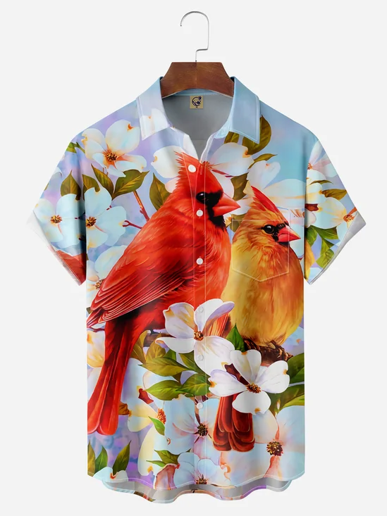 Northern Cardinal Bird Chest Pocket Short Sleeve Hawaiian Shirt