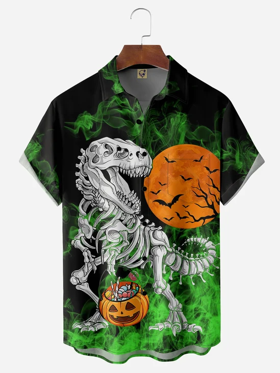 Halloween Dinosaur Chest Pocket Short Sleeve Casual Shirt