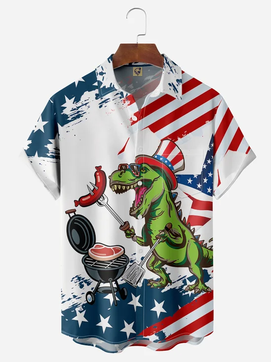 American Flag BBQ Dinosaur Chest Pocket Short Sleeve Shirt