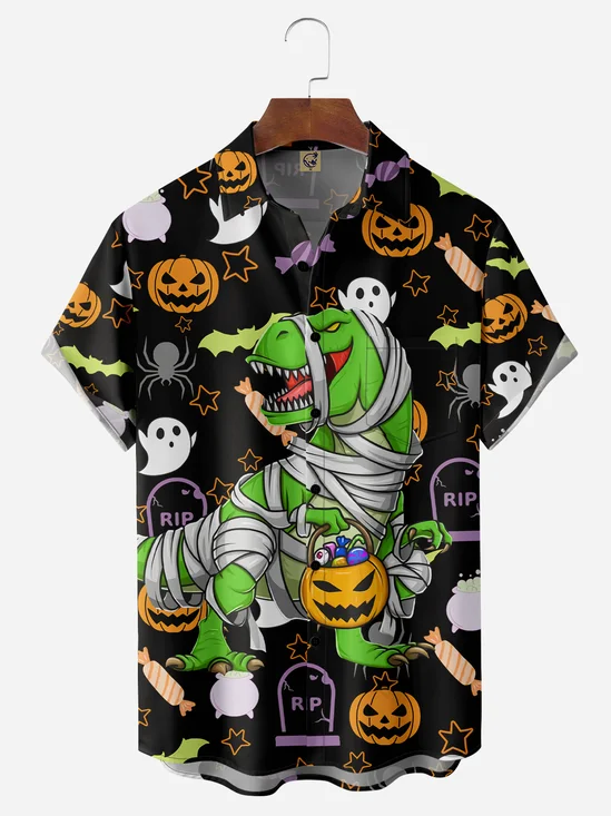 Halloween Dinosaur Pumpkin Chest Pocket Short Sleeve Shirt