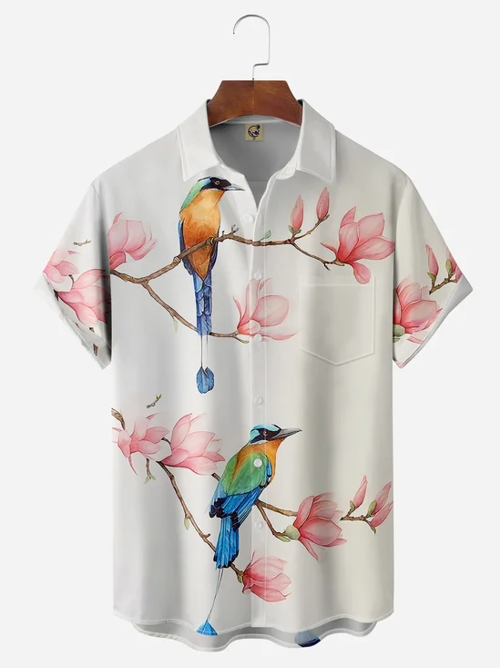 Birds Chest Pocket Short Sleeve Hawaiian Shirt