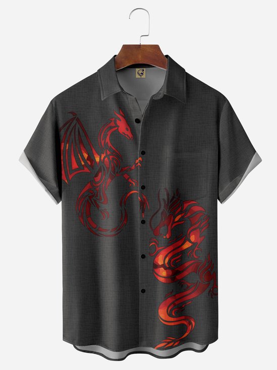 Japanese Dragon Pattern Chest Pocket Short Sleeve Casual Shirt