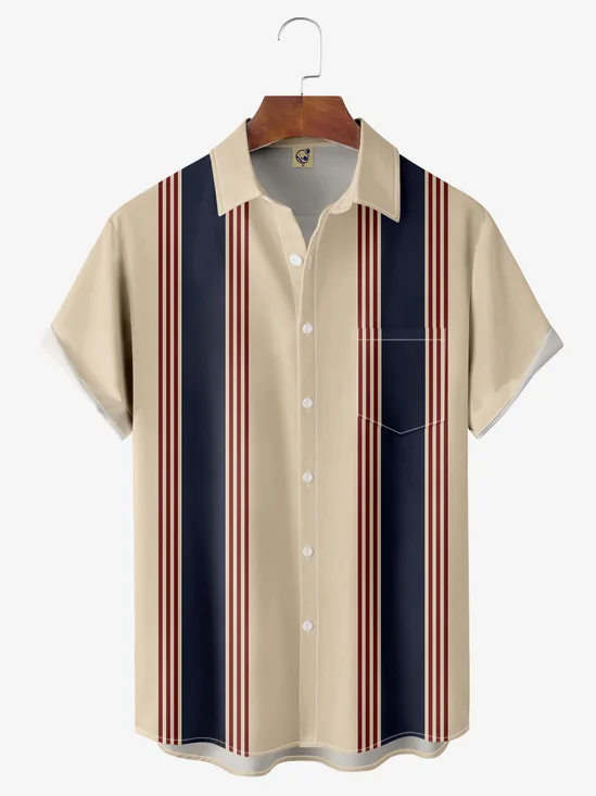Striped Chest Pocket Short Sleeve Bowling Shirt