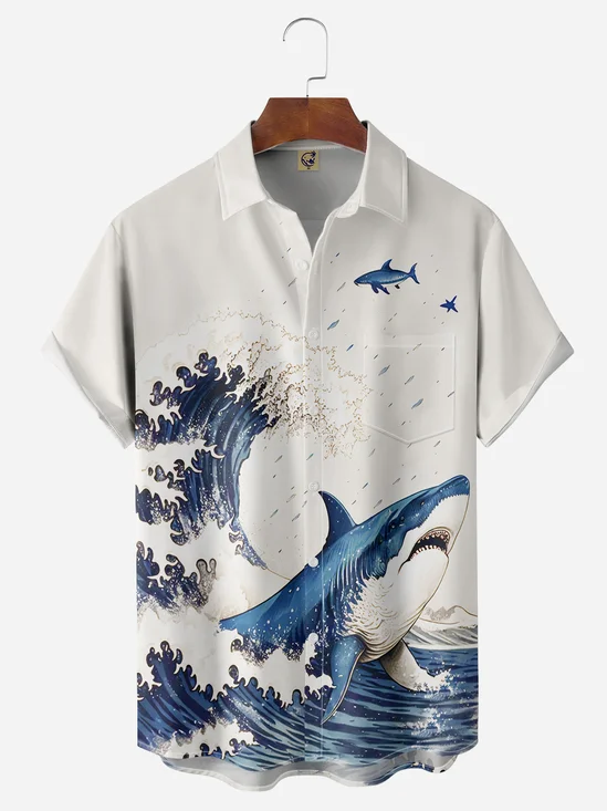 Ukiyo-e Shark Chest Pocket Short Sleeve Hawaiian Shirt